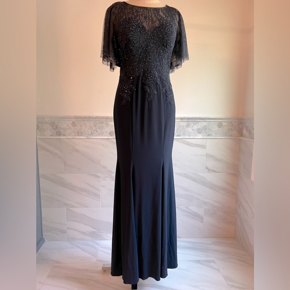 New XSCAPE Lace Embellished Corset Flatter Mermaid Navy Gown Sz 6/8 - Picture 3 of 13